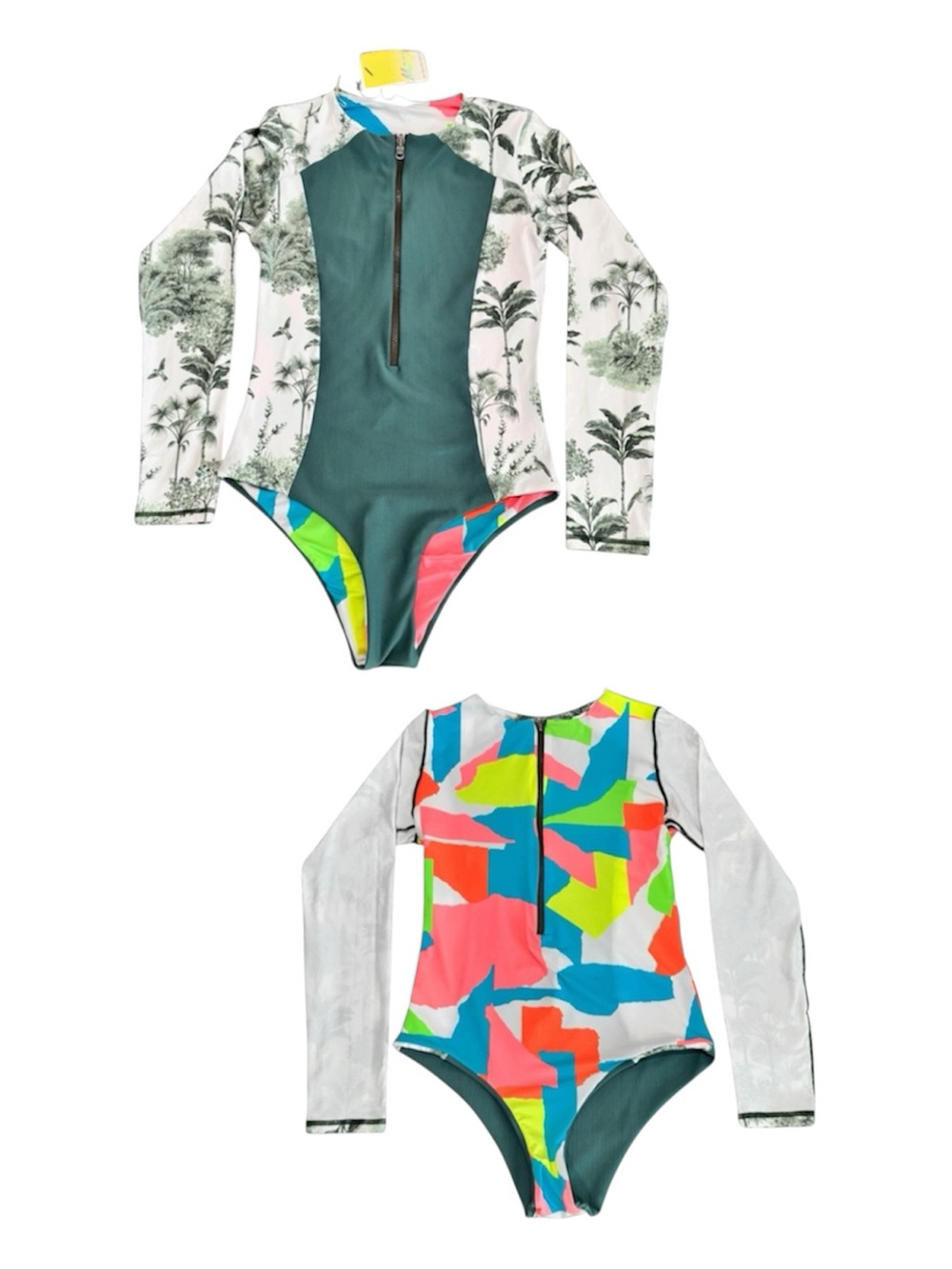 Maaji Reversible Sage Green Neon Abstract Long Sleeve One Piece Swimsuit